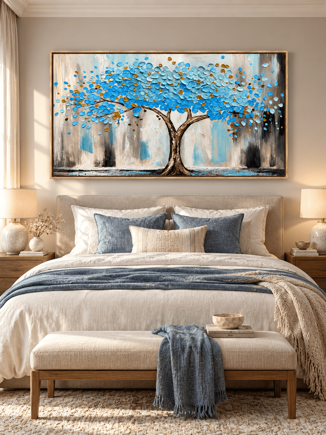 Blue and turquoise Tree of Life wall art displayed above a bed in a calm contemporary bedroom.