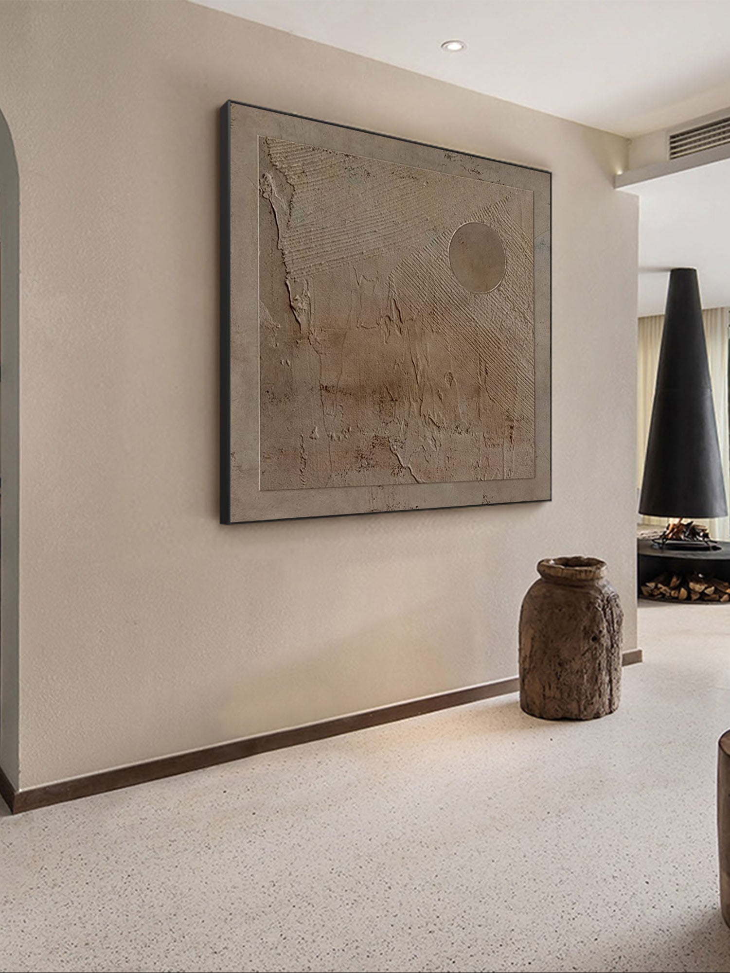 Modern organic textured canvas painting in taupe, brown and stone grey