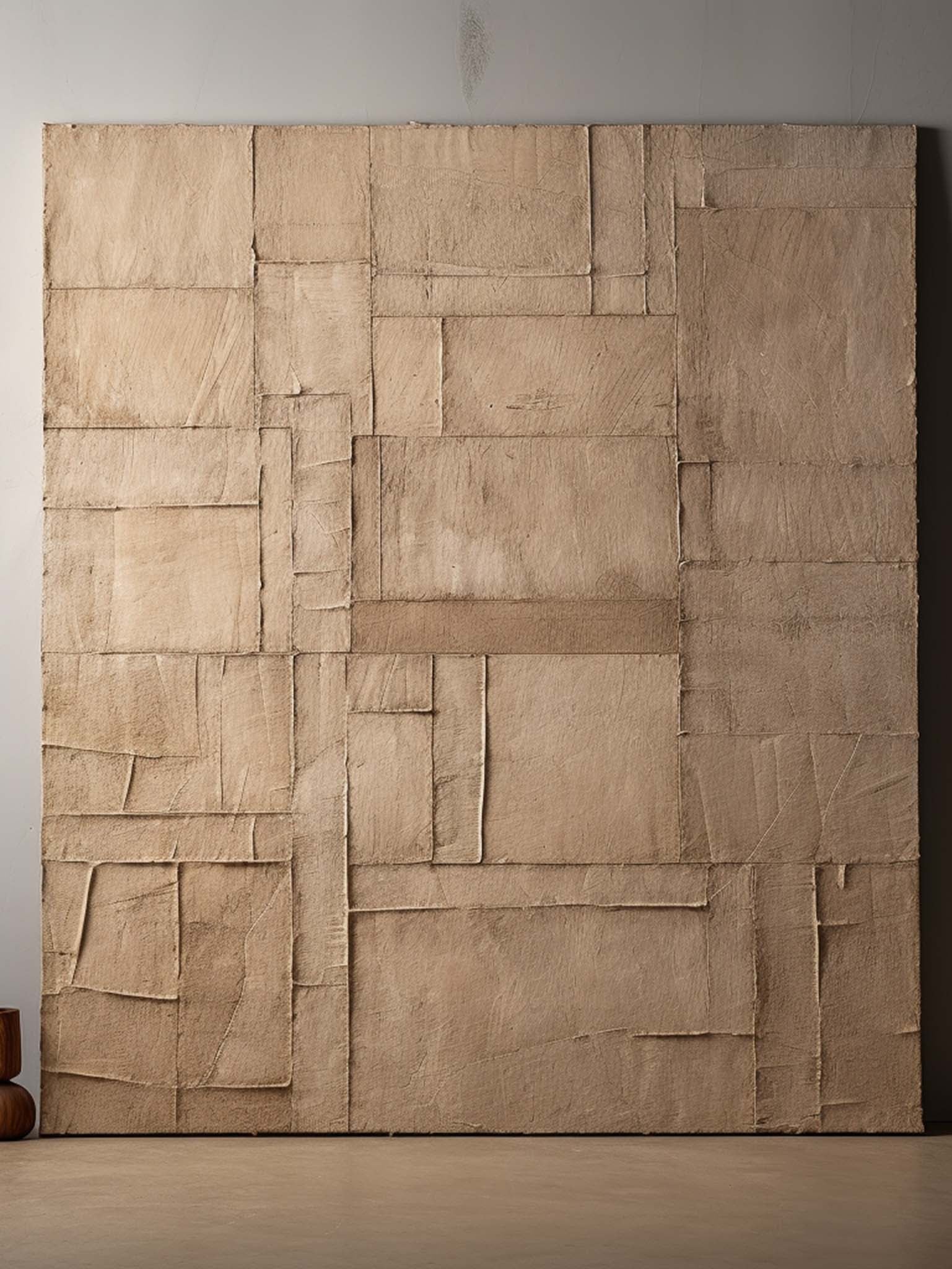 Large hand-painted geometric abstract canvas painting with heavy plaster texture in taupe and brown by Eliot Vermeer for minimalist living room decor.