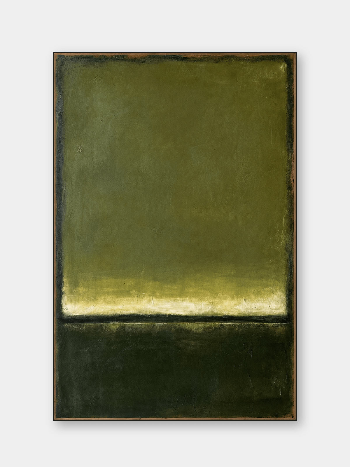 Hand-painted olive green color field wall art with deep forest green and a glowing horizon by Akari Kobayashi