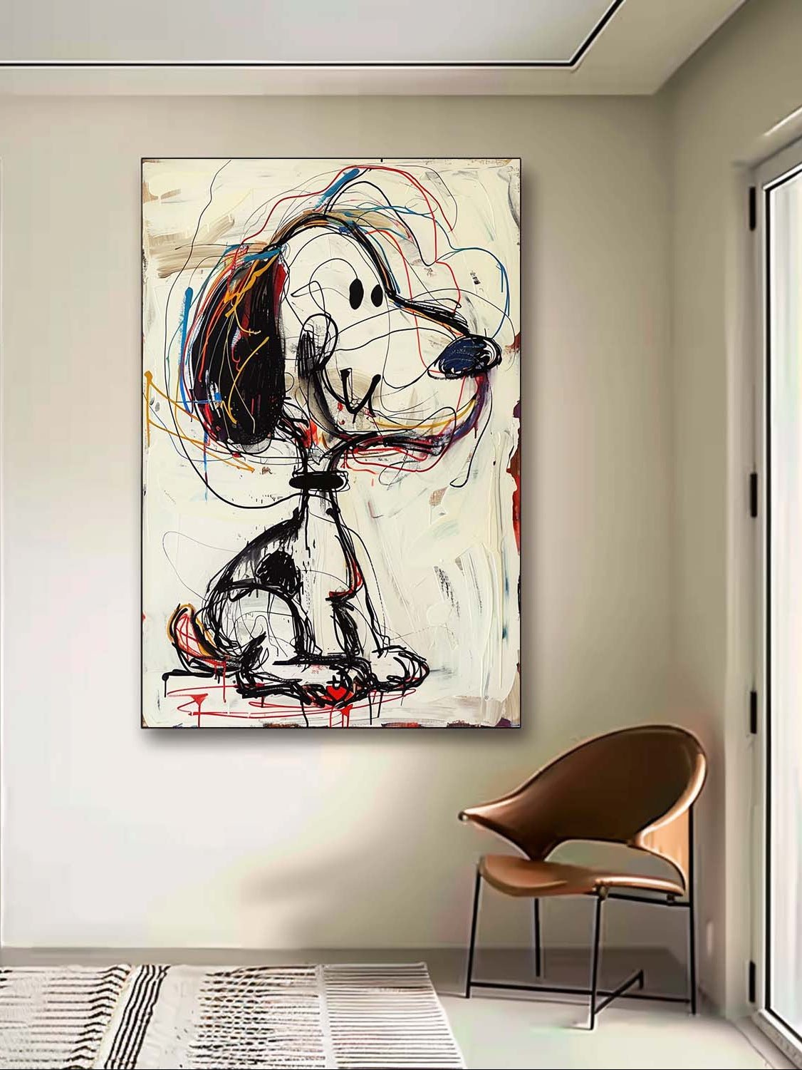 Neo-expressionist dog wall art with red, blue and mustard sketch details