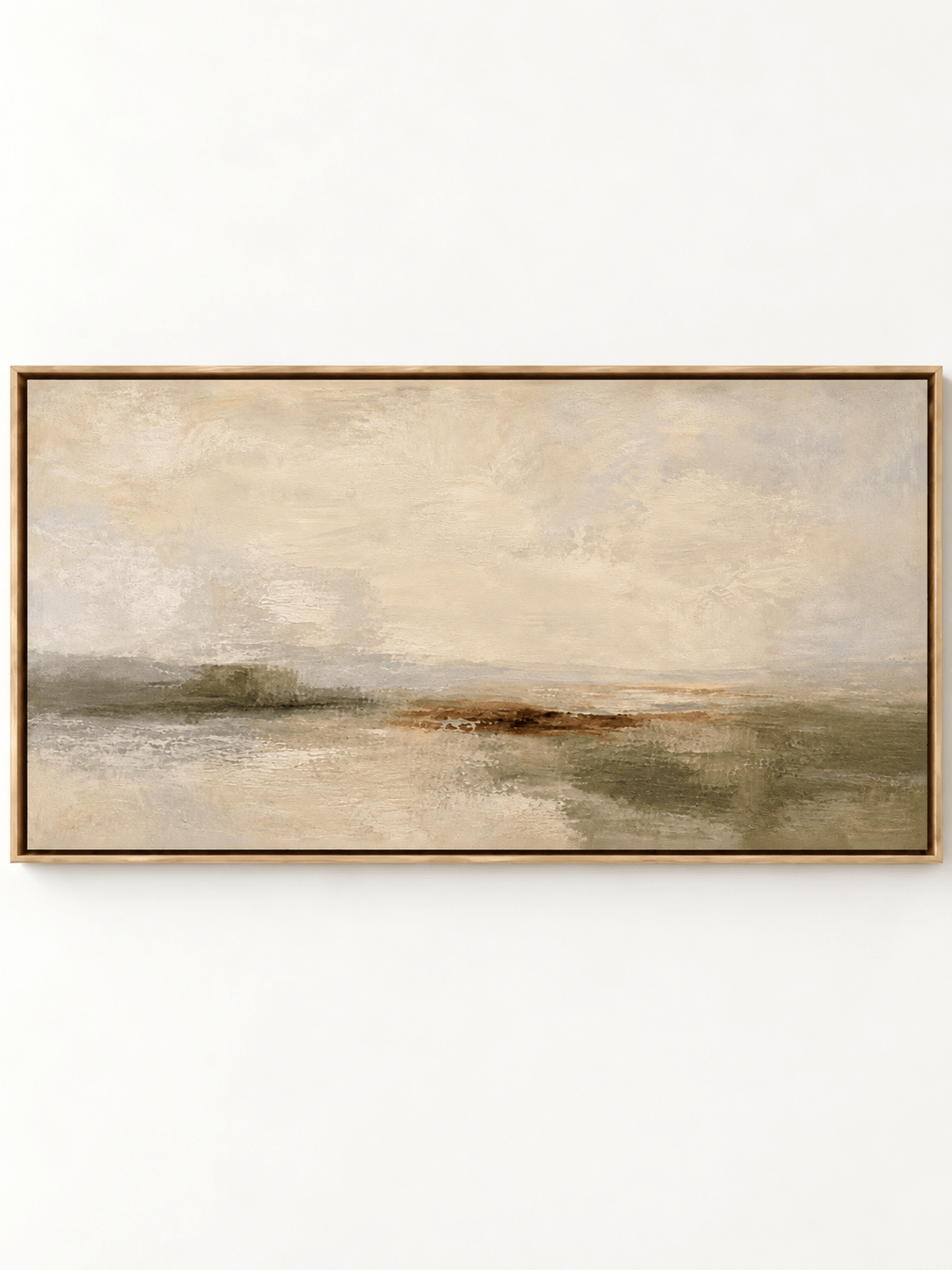Hand-painted minimalist abstract landscape in warm beige, ivory, olive gray and earthy brown tones by Evelyn Li.