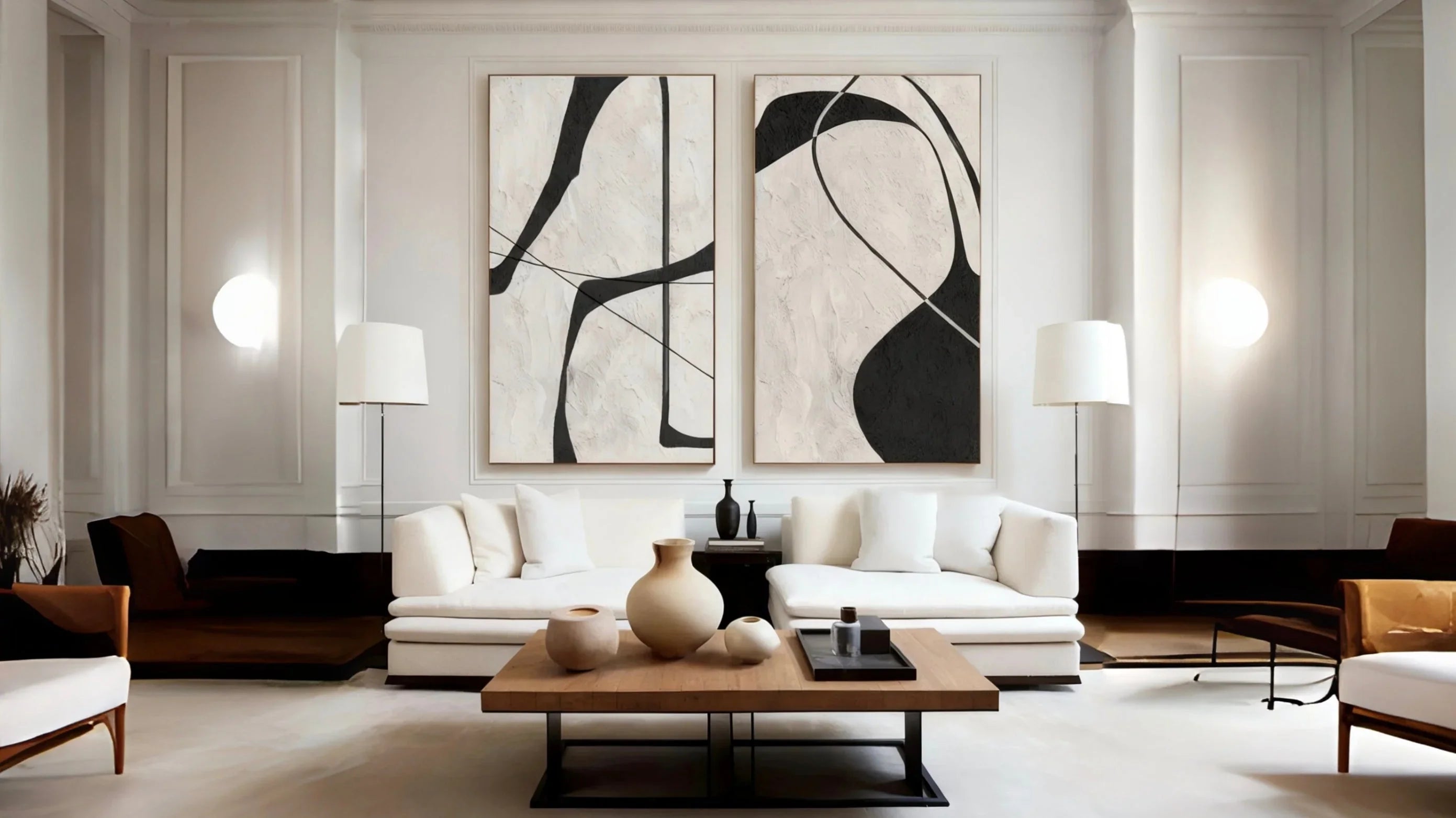 A large-scale abstract hand-painted oil painting becomes the visual focal point in a minimalist living room.