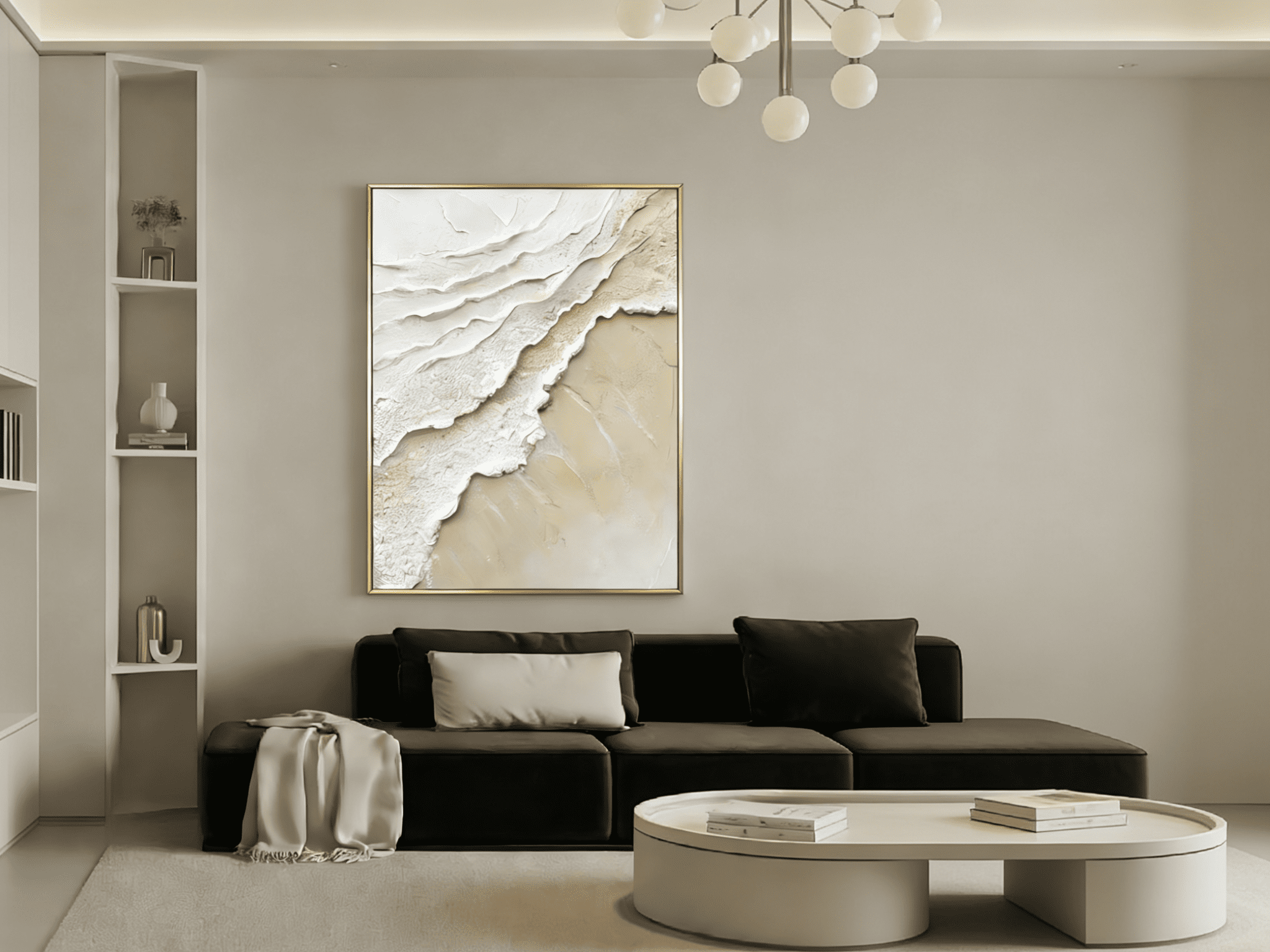 A small modern studio apartment made to look larger with one oversized blue abstract painting on the main wall.