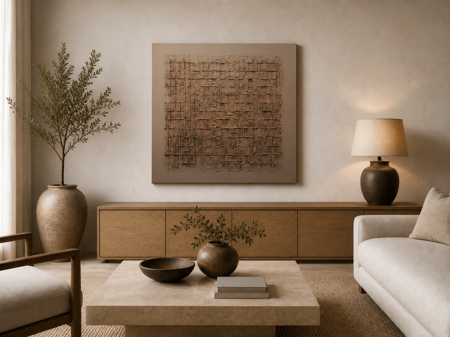 Square beige textured grid wall art above a wood console in a neutral living room