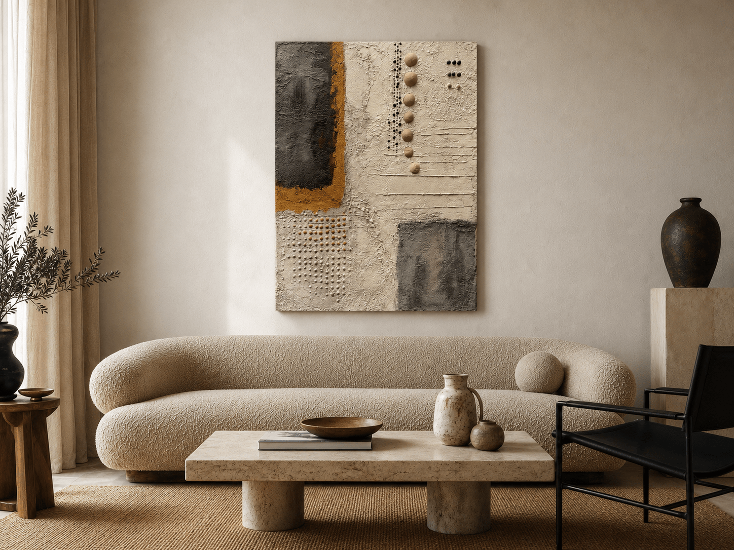 Earth-tone geometric textured wall art above a curved cream sofa