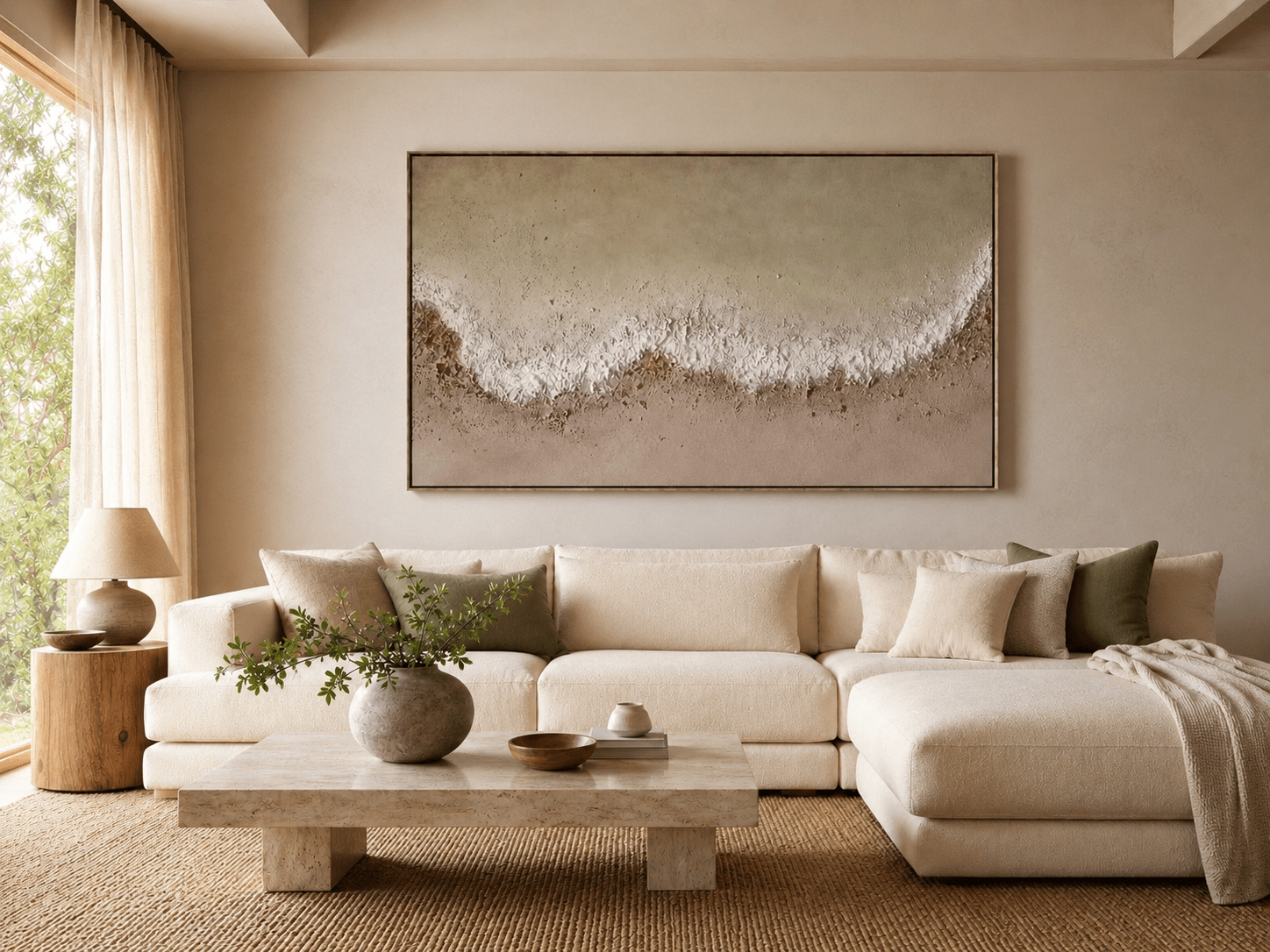 Sage green textured seascape wall art above a white sectional sofa