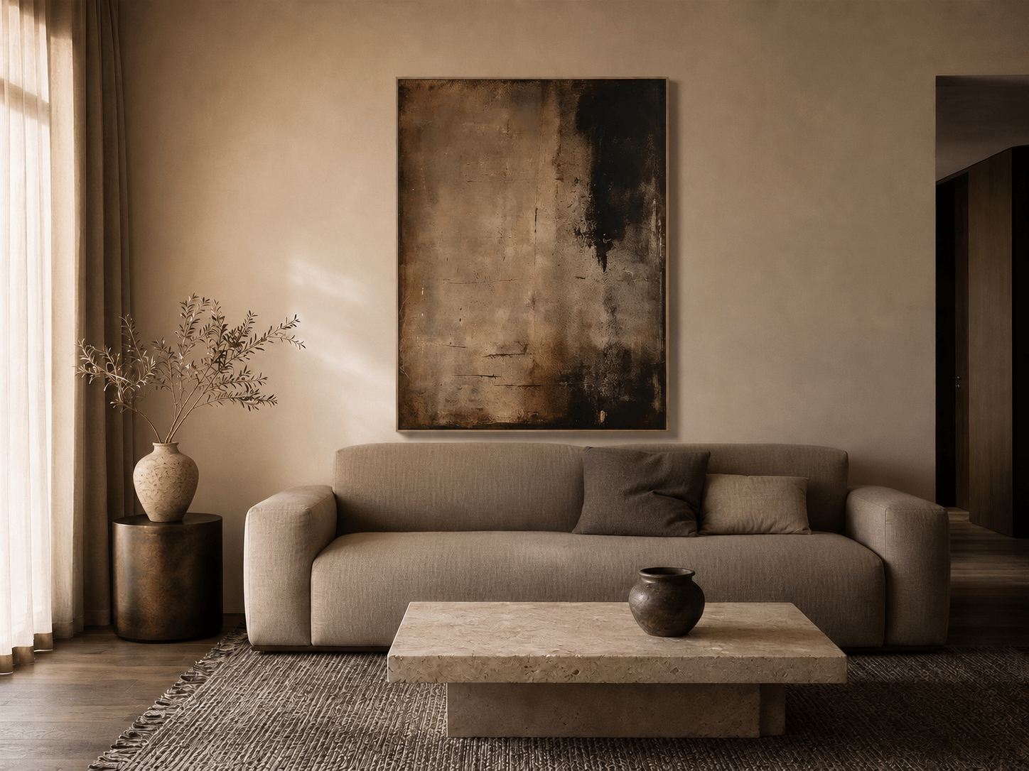 Brown and black Wabi-Sabi abstract wall art above a taupe sofa