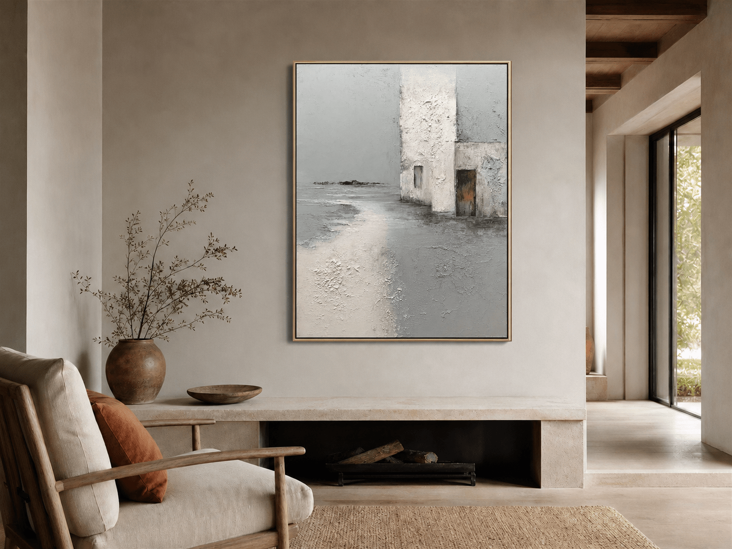 Gray architectural textured wall art above a modern fireplace