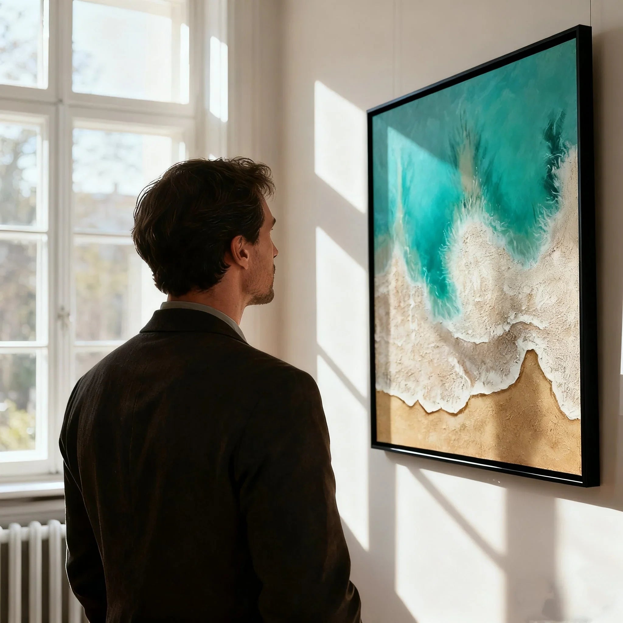 Large-scale textural abstract paintings break the monotony of flatness in a minimalist space through tactile sensation.