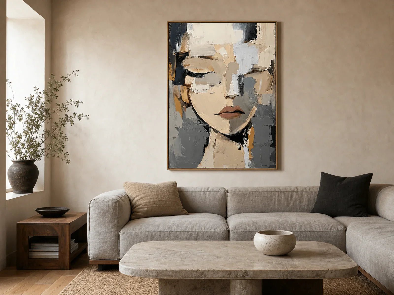 Hand-painted beige, gray and charcoal abstract face portrait above a linen sofa in a contemporary living room