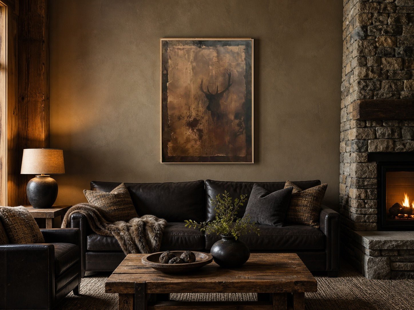 Rustic deer silhouette wall art above a leather sofa in a modern lodge living room