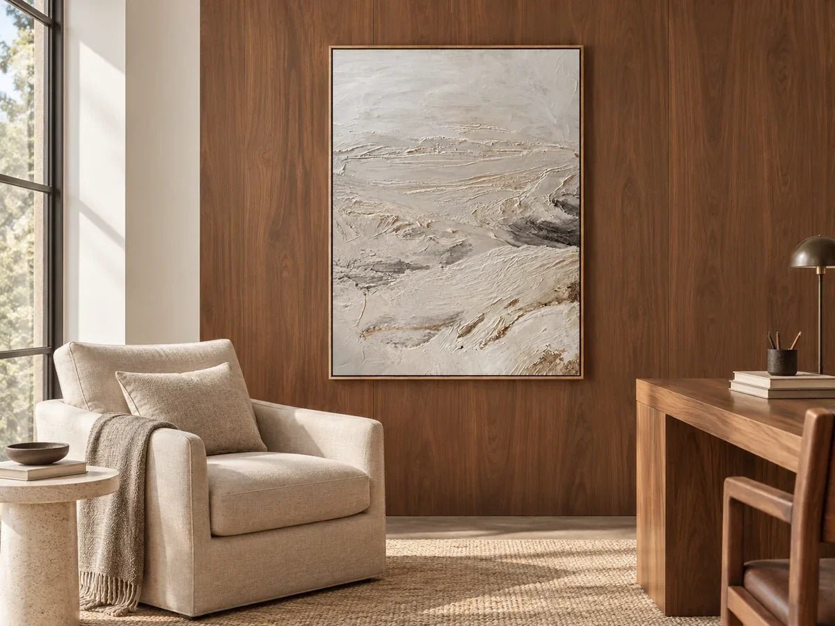 Ivory abstract landscape on a walnut paneled wall