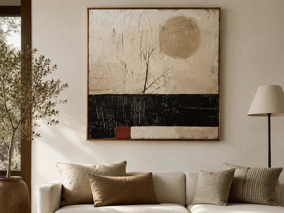 Black and beige abstract wall art above a cream sofa in a warm neutral living room.
