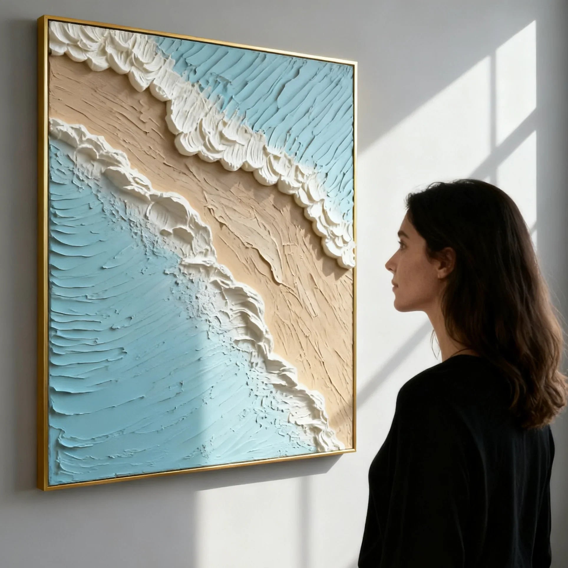 The contrast between a monochrome wall and a space with a hand-painted oil painting