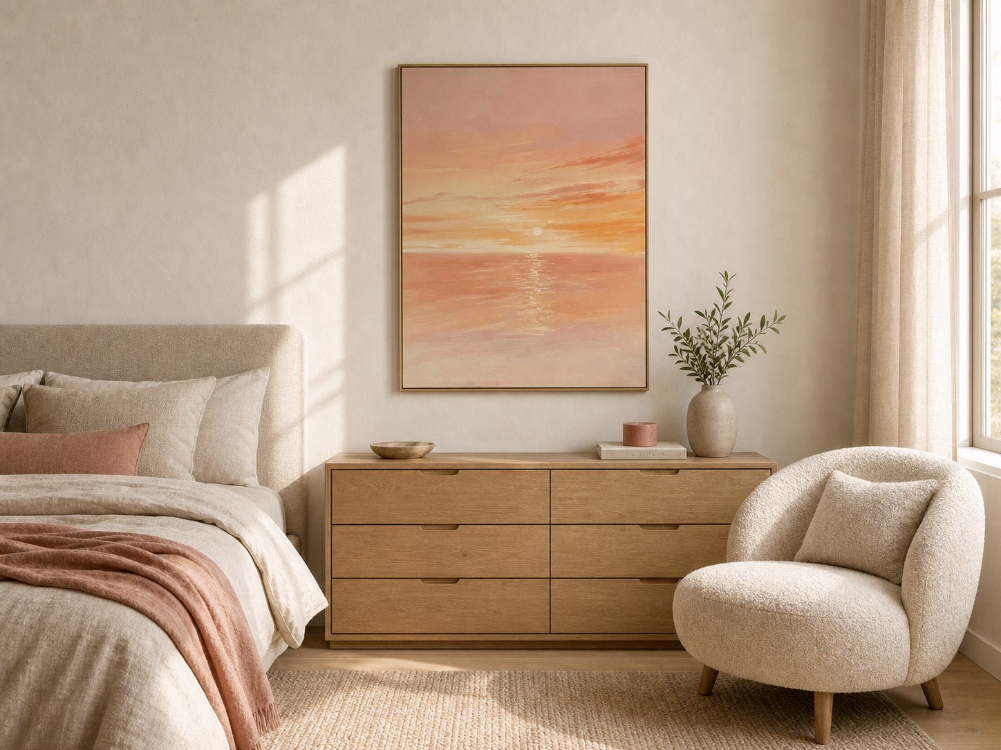 Coral sunset ocean wall art in a calm warm neutral bedroom