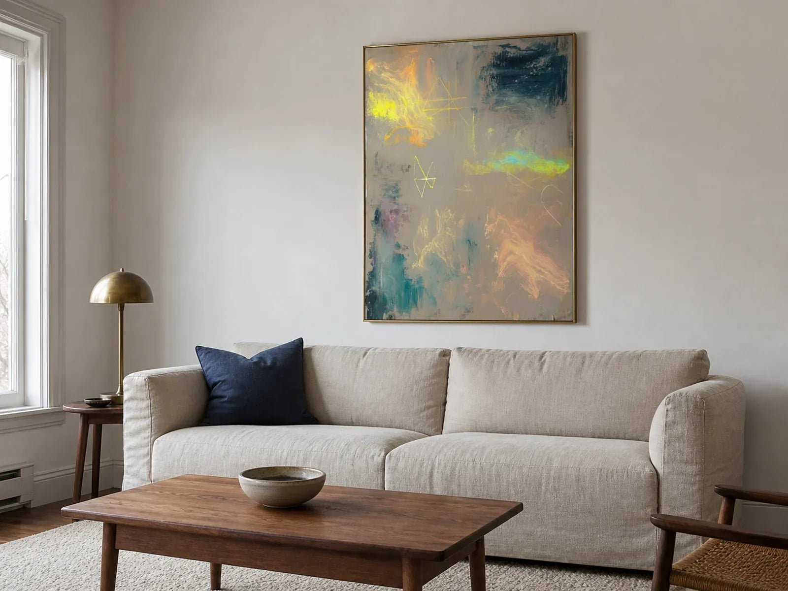 Hand-painted colorful abstract wall art with yellow and teal accents in a softly lit north-facing living room