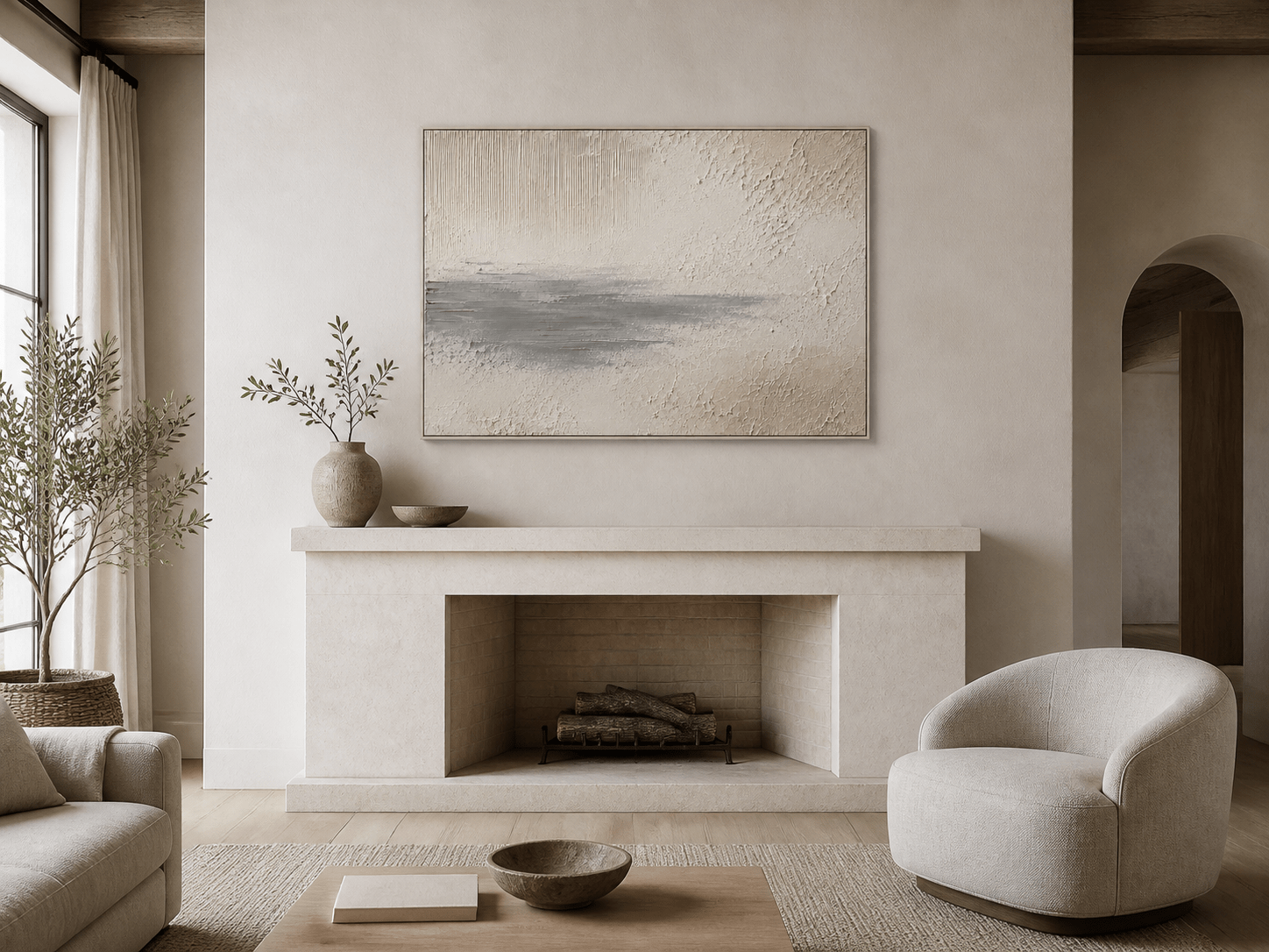Soft Grey Horizon hand-painted textured wall art above a pale stone fireplace in a neutral living room