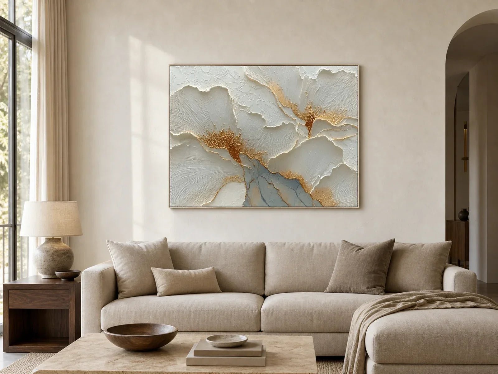 Hand-painted white and gold leaf wall art above a beige sofa in a luxury living room