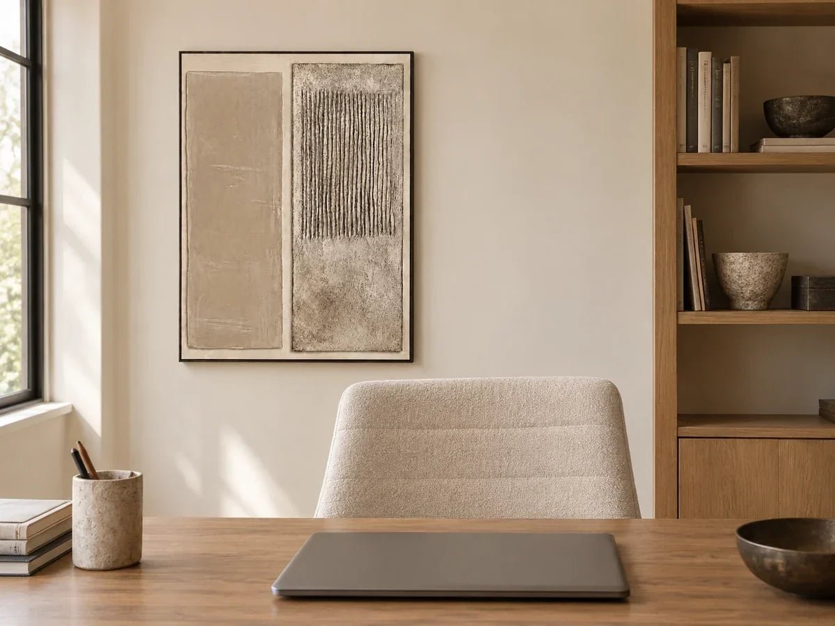 Neutral stone panel artwork beside an empty home office chair