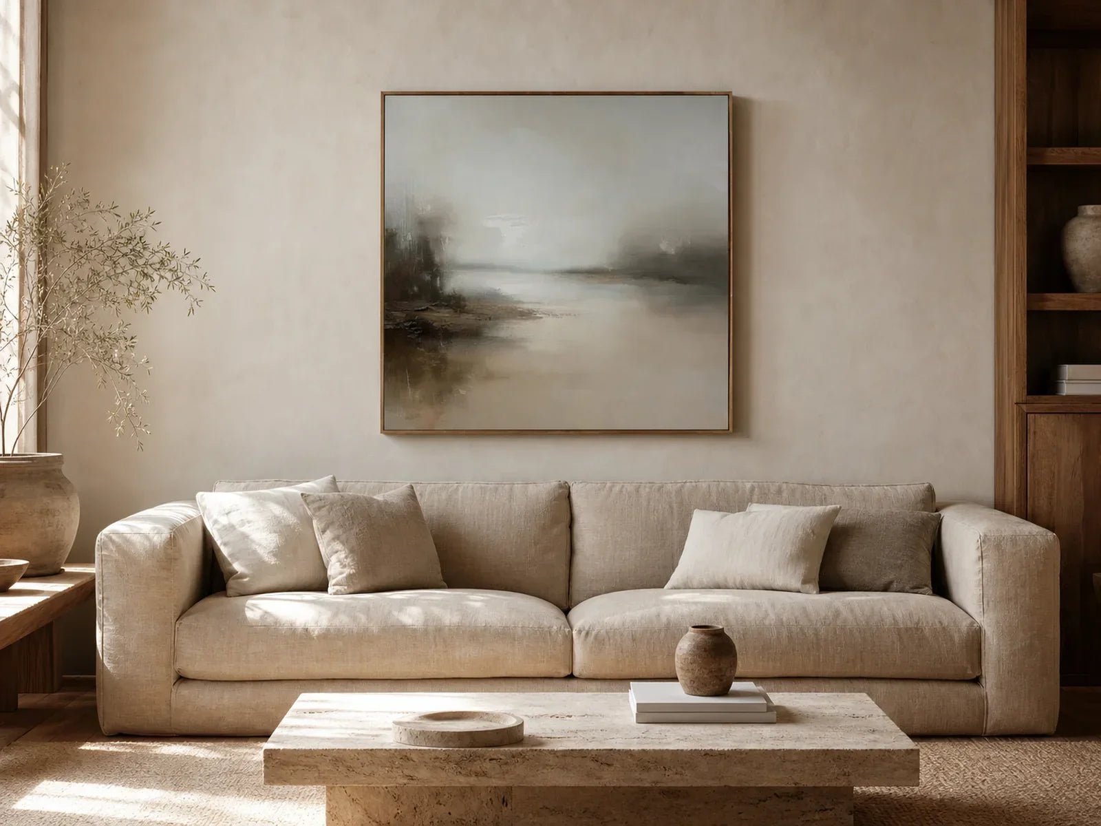 Square misty lake wall art centered above a long neutral sofa