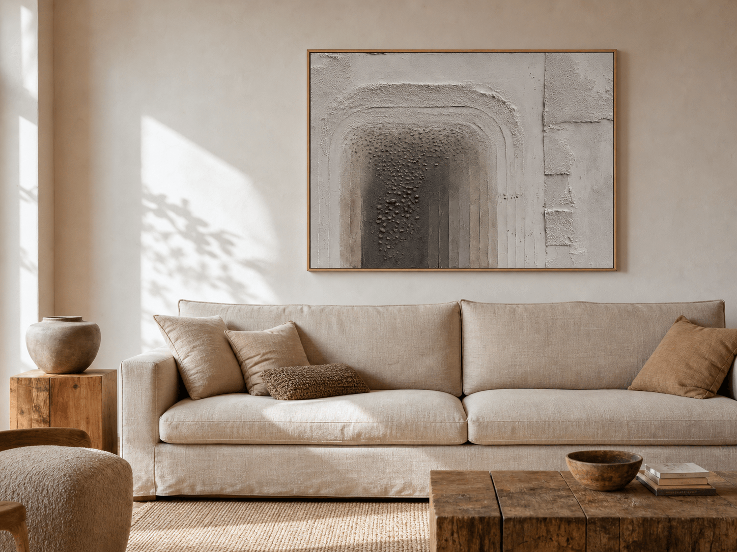 Large neutral textured minimalist wall art above a long linen sofa in a contemporary living room