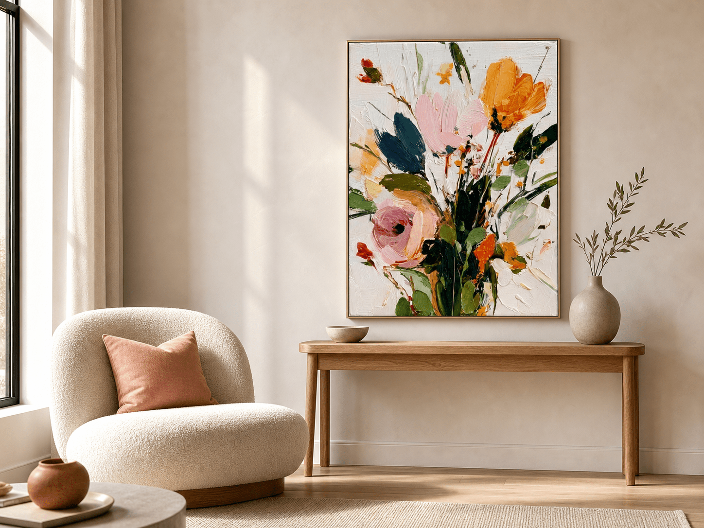 Colorful floral wall art in a warm neutral modern living room