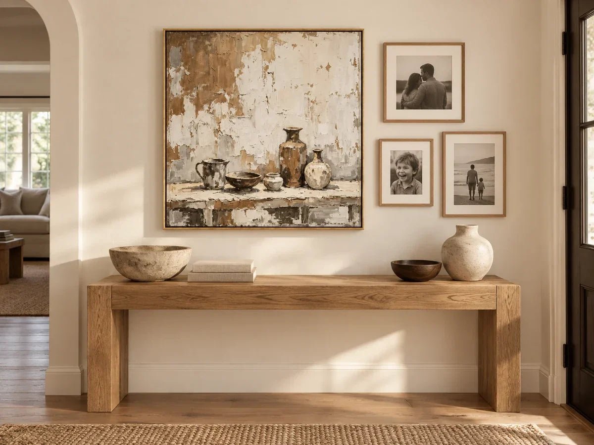 Neutral pottery painting anchoring a gallery of small monochrome family photos