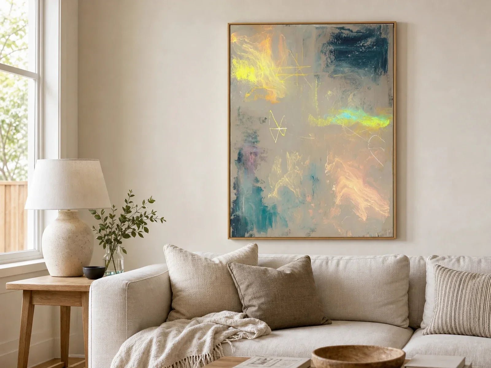 Colorful hand-painted artwork in a bright American living room with neutral daylight