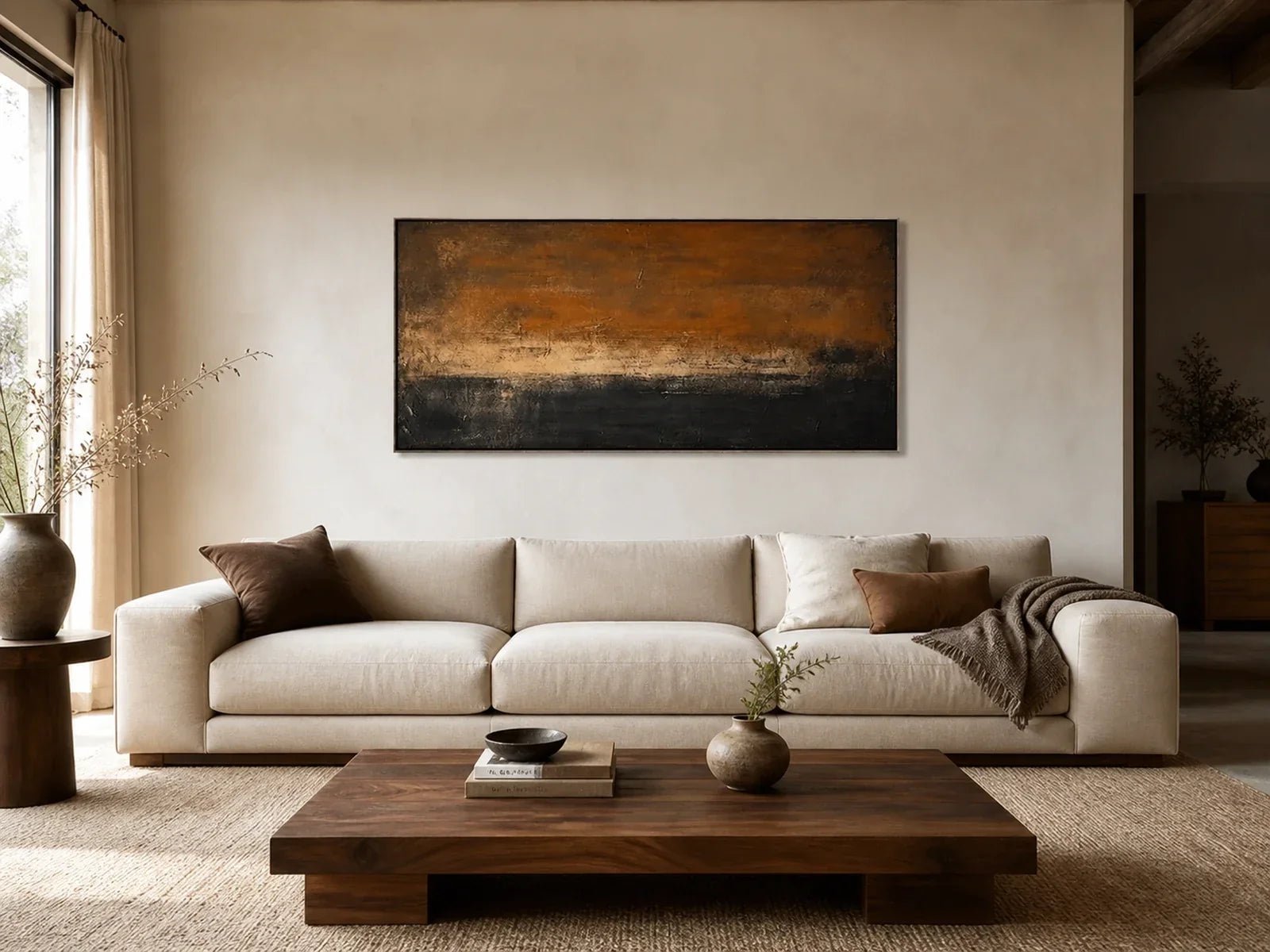 Burnt orange panoramic wall art centered above a modern American sofa