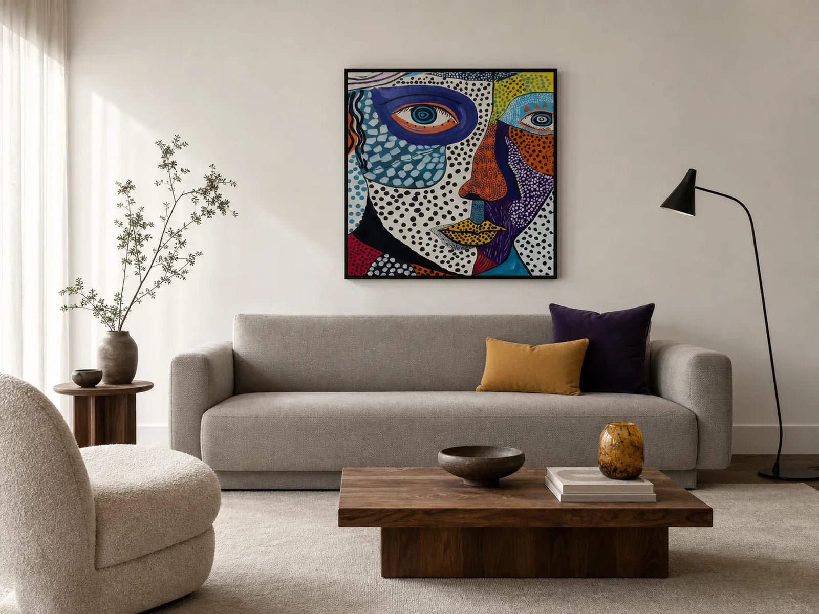 Colorful pop art portrait styled above a neutral sofa in a sophisticated living room