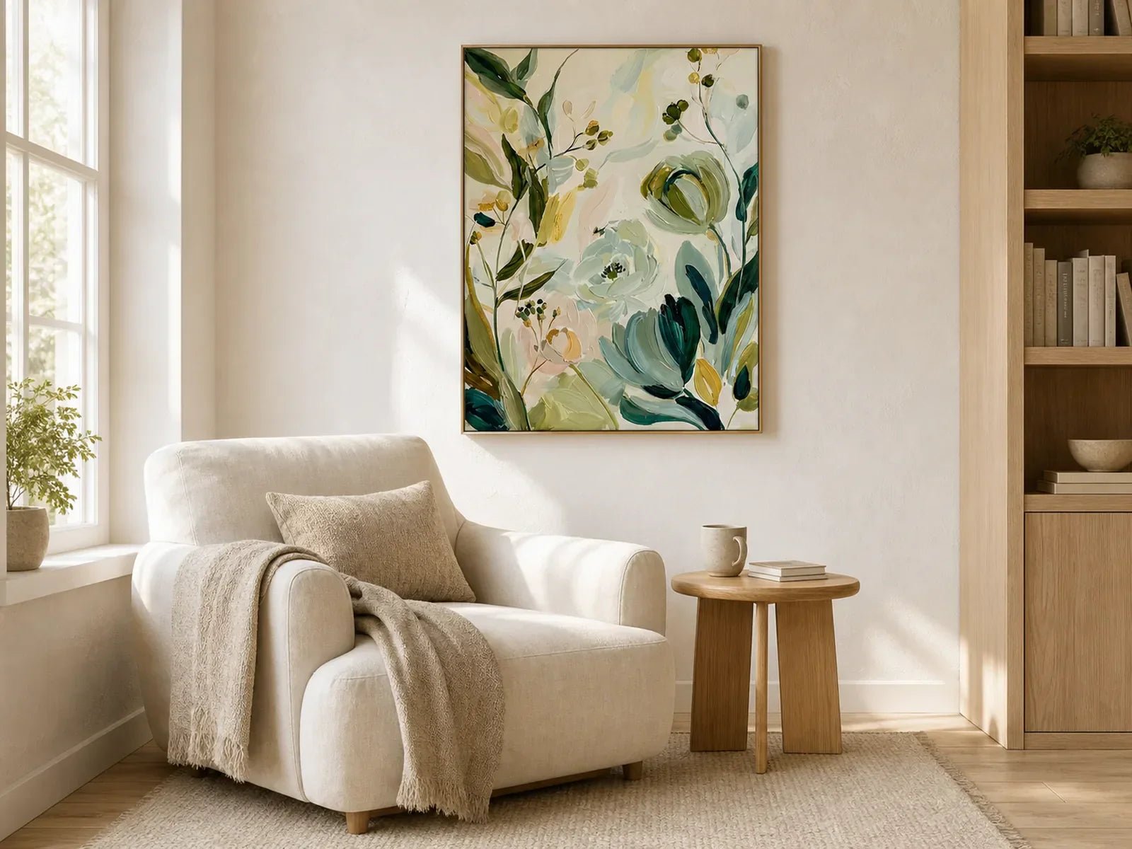 Hand-painted sage green floral wall art with soft layered blooms in a bright American reading nook