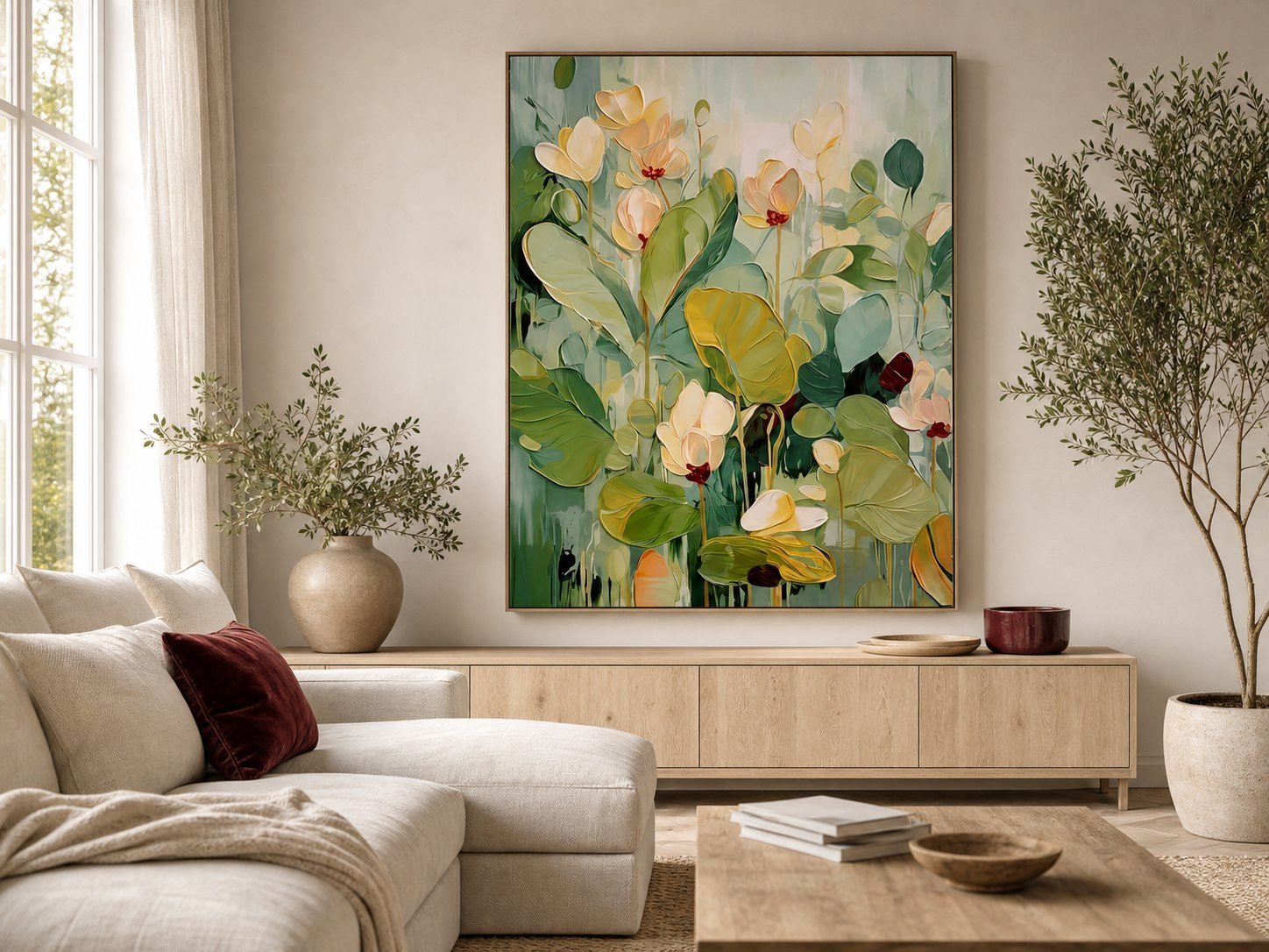 Sage green abstract floral wall art above an oak console in an organic modern living room