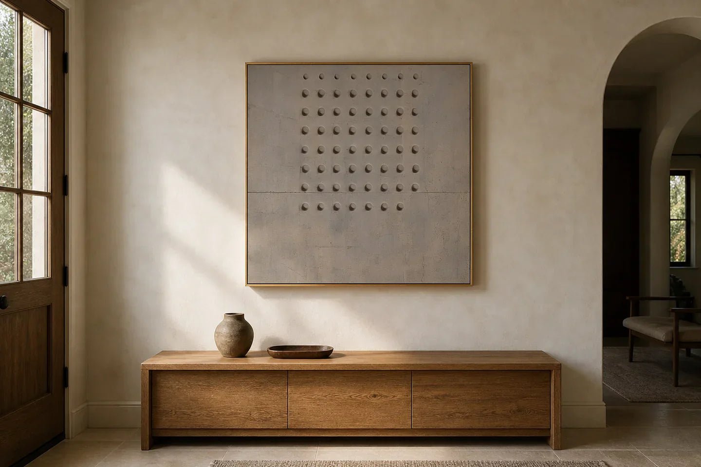 Hand-painted square taupe Wabi-Sabi wall art above an oak console in a naturally lit American entryway.
