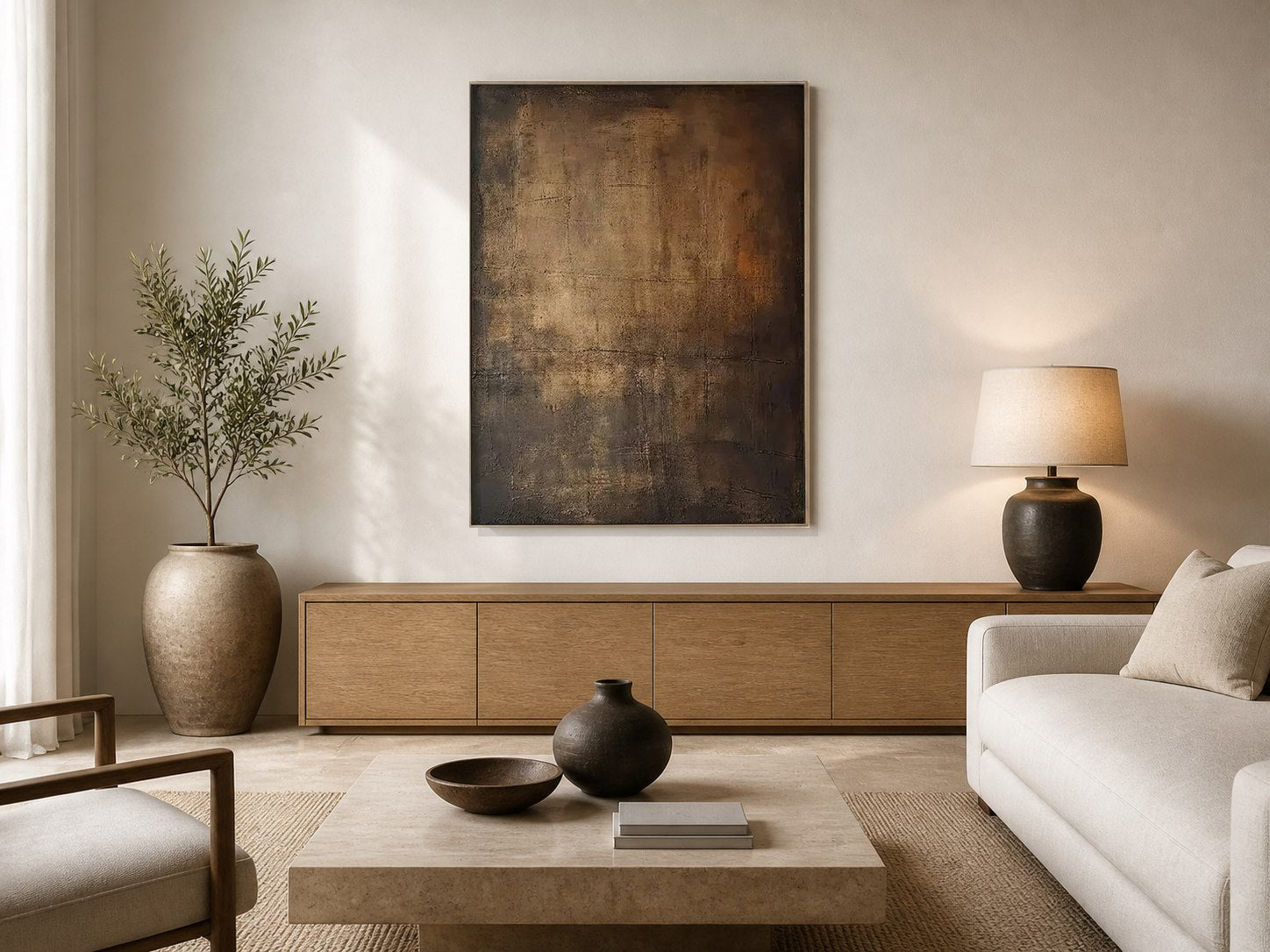 Black and bronze textured wall art in a warm neutral living room