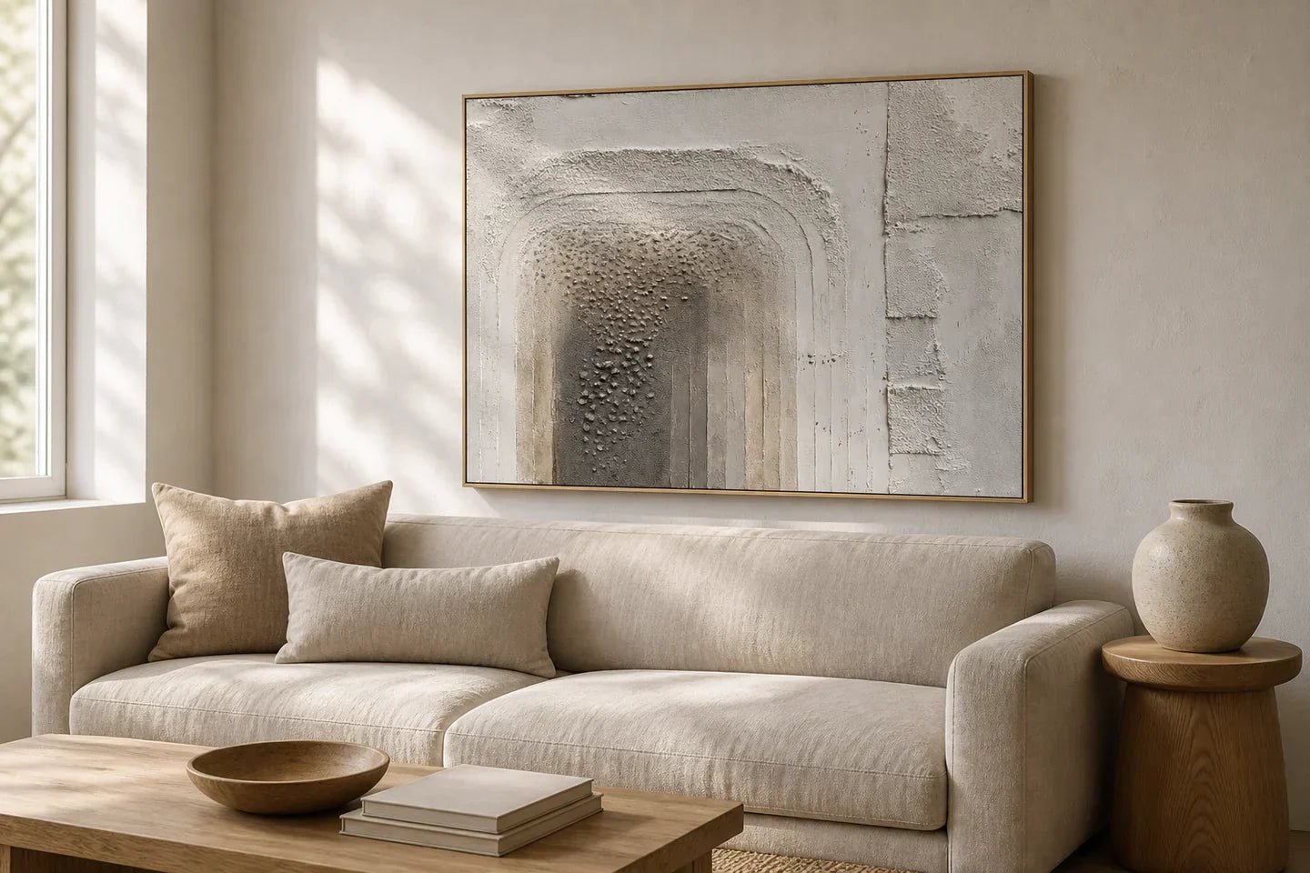 Hand-painted neutral textured wall art with layered arches above an oatmeal sofa in a naturally side-lit living room.