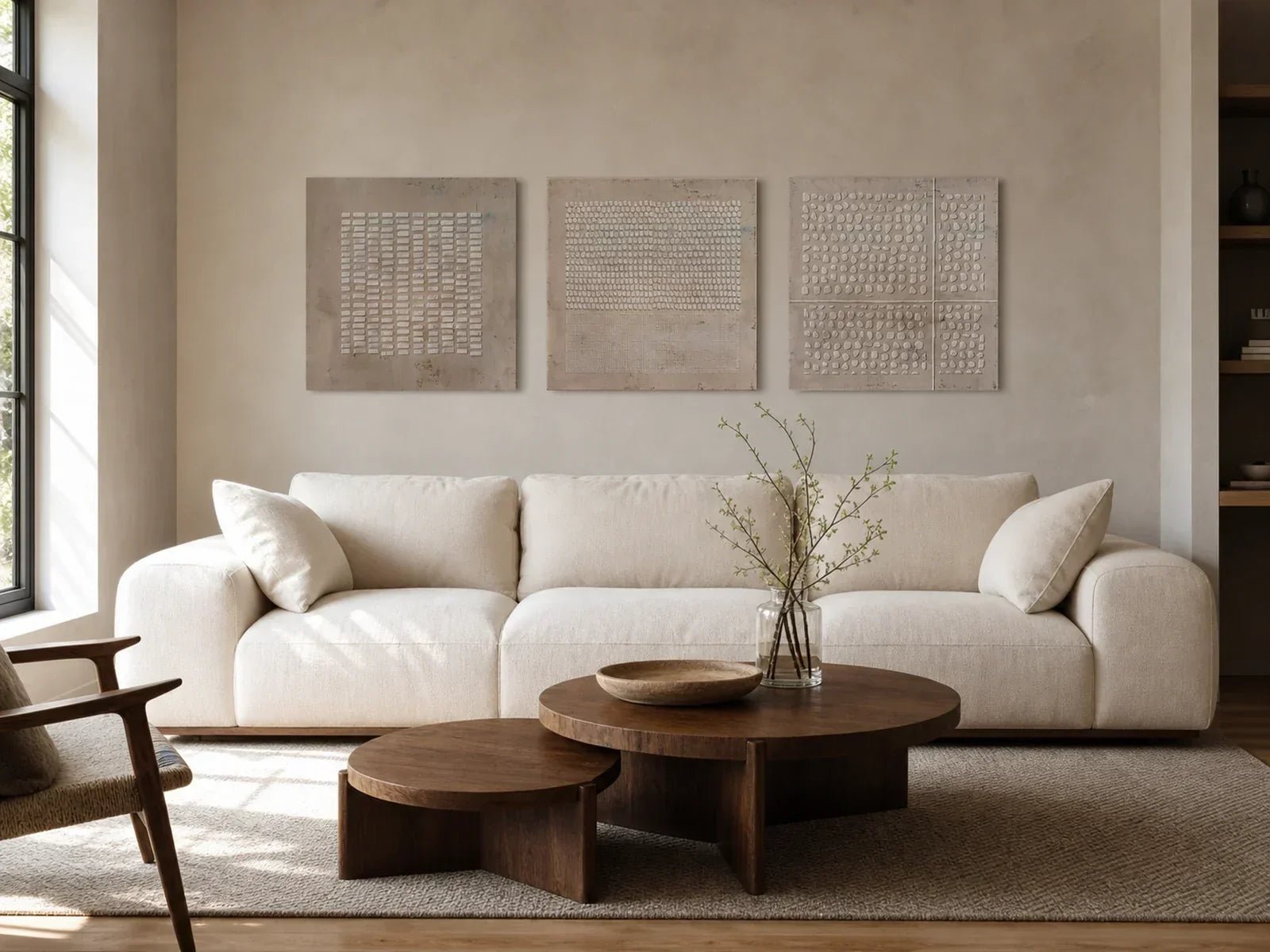 Neutral triptych wall art centered above a modern American sofa