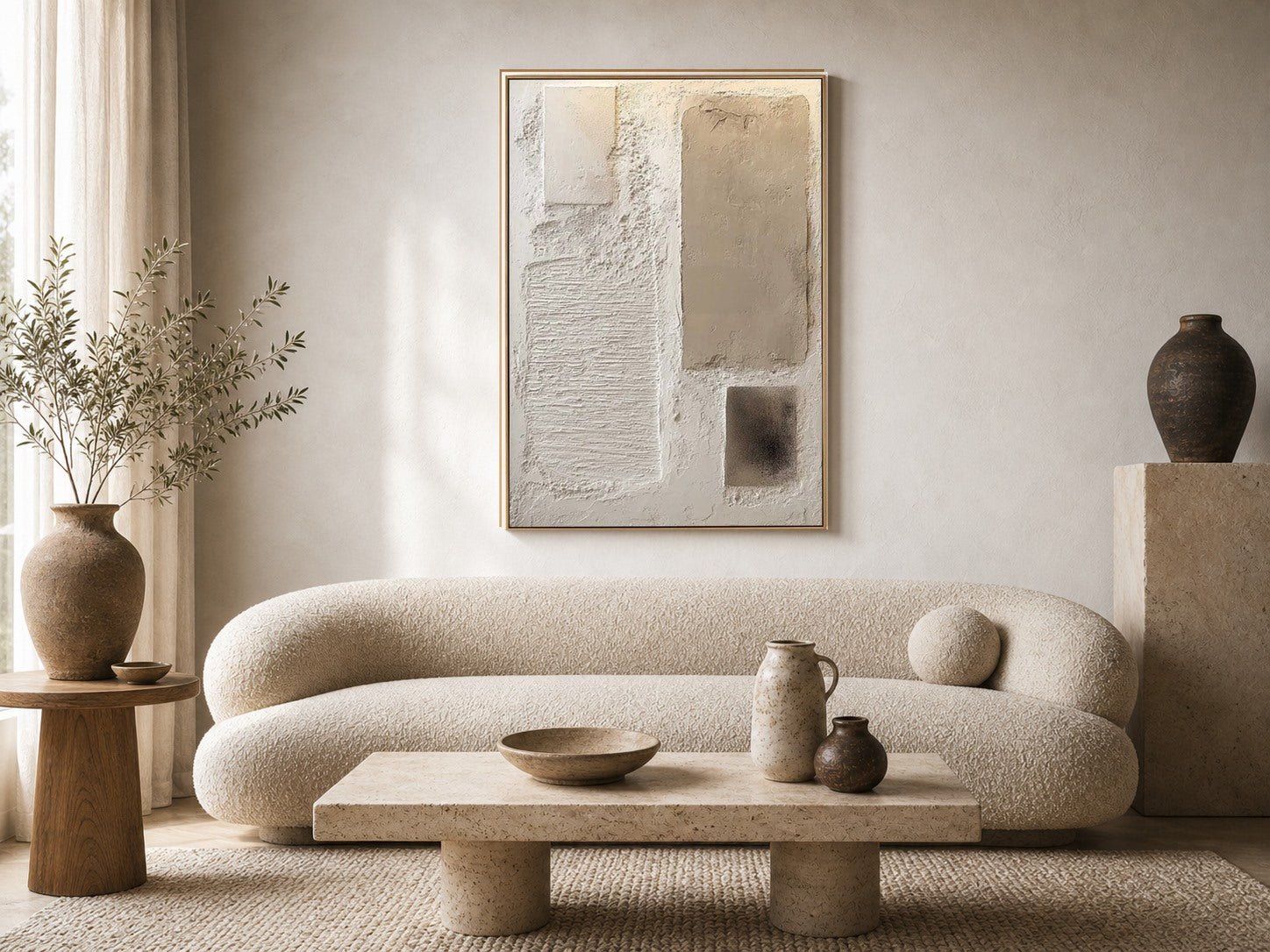 Heavy textured wabi-sabi wall art in a neutral organic modern living room