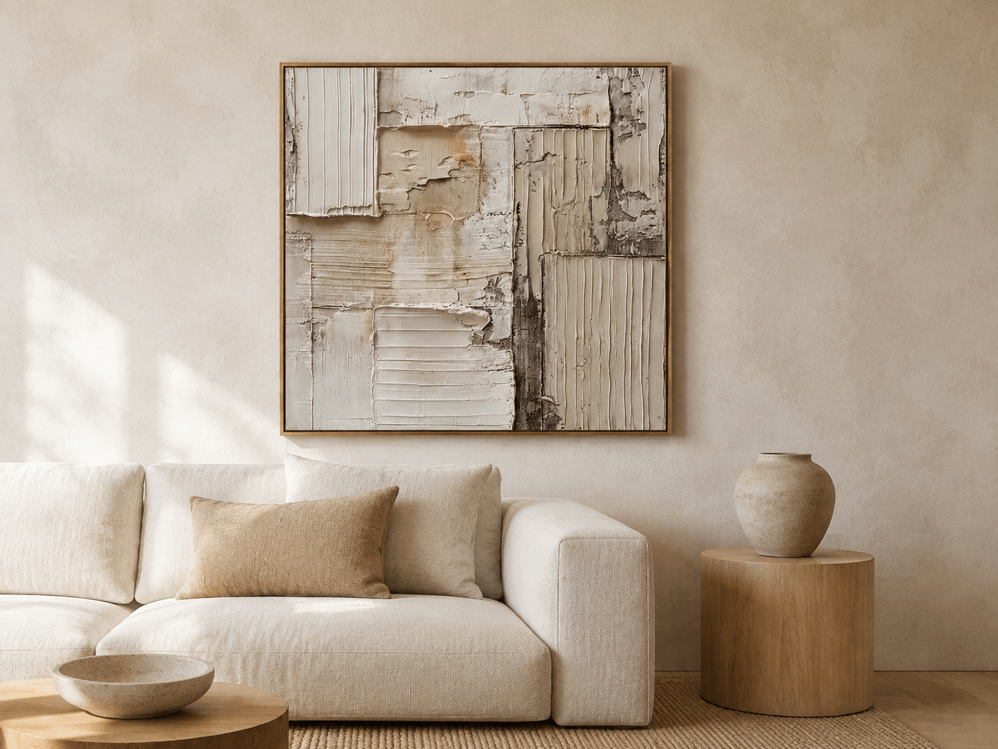 Weathered ivory textured abstract painting displayed on a warm limewash living room wall