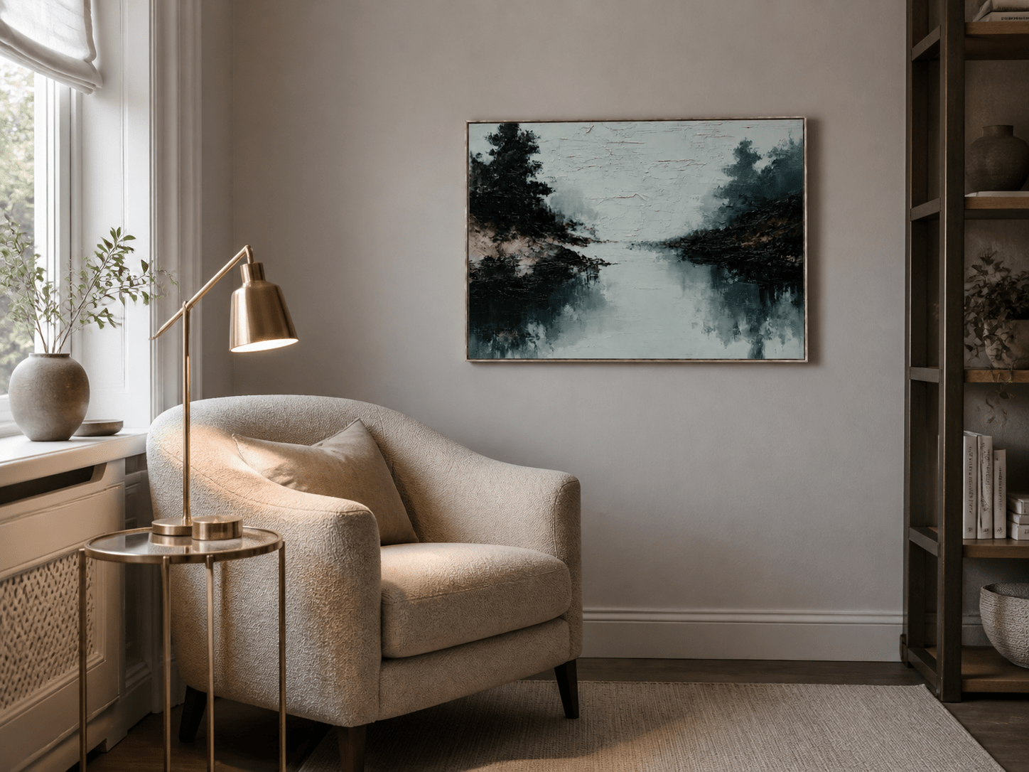 Moody blue-gray lake reflection painting displayed in a compact reading room