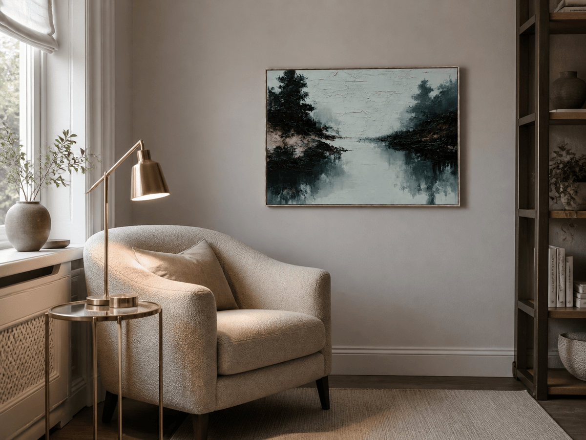 Moody blue-gray lake reflection painting displayed in a compact reading room