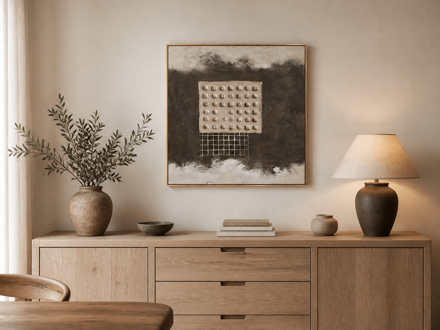 Umber relief grid painting displayed above a pale oak dining room sideboard