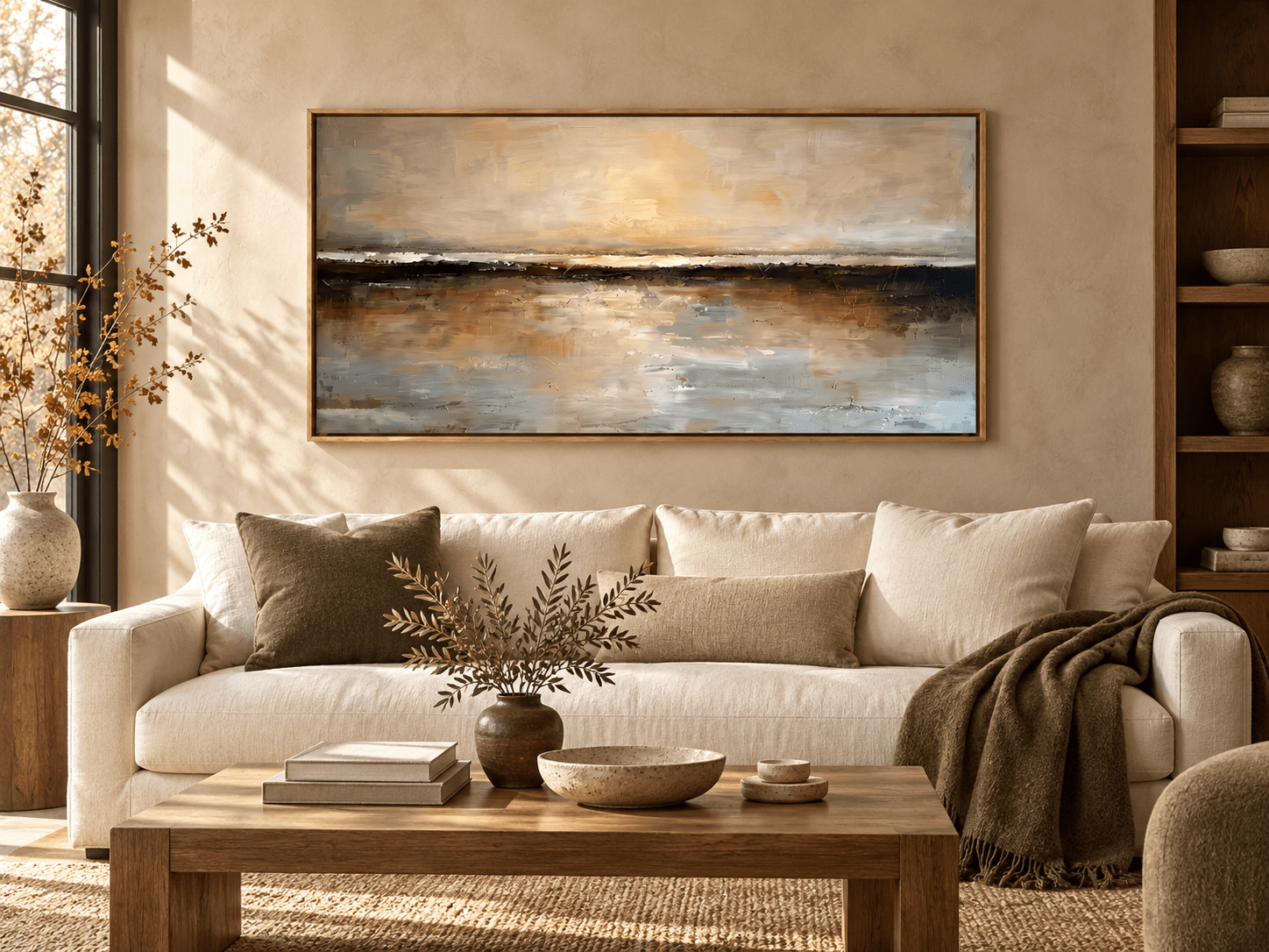 WABI Wall Art EL#0502 textured Wabi-Sabi dusk horizon landscape painting above an ivory sofa in a warm neutral living room.