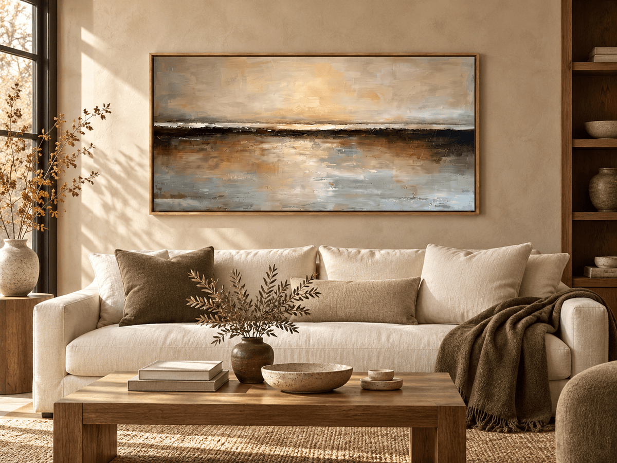 WABI Wall Art EL#0502 textured Wabi-Sabi dusk horizon landscape painting above an ivory sofa in a warm neutral living room.