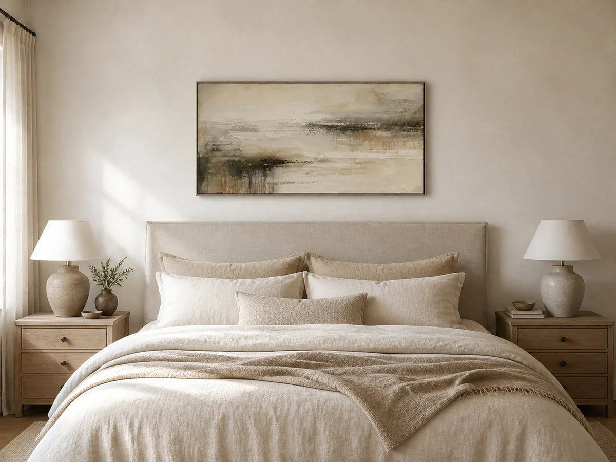Misty Tidelands hand-painted wall art above a king bed in a neutral American bedroom.