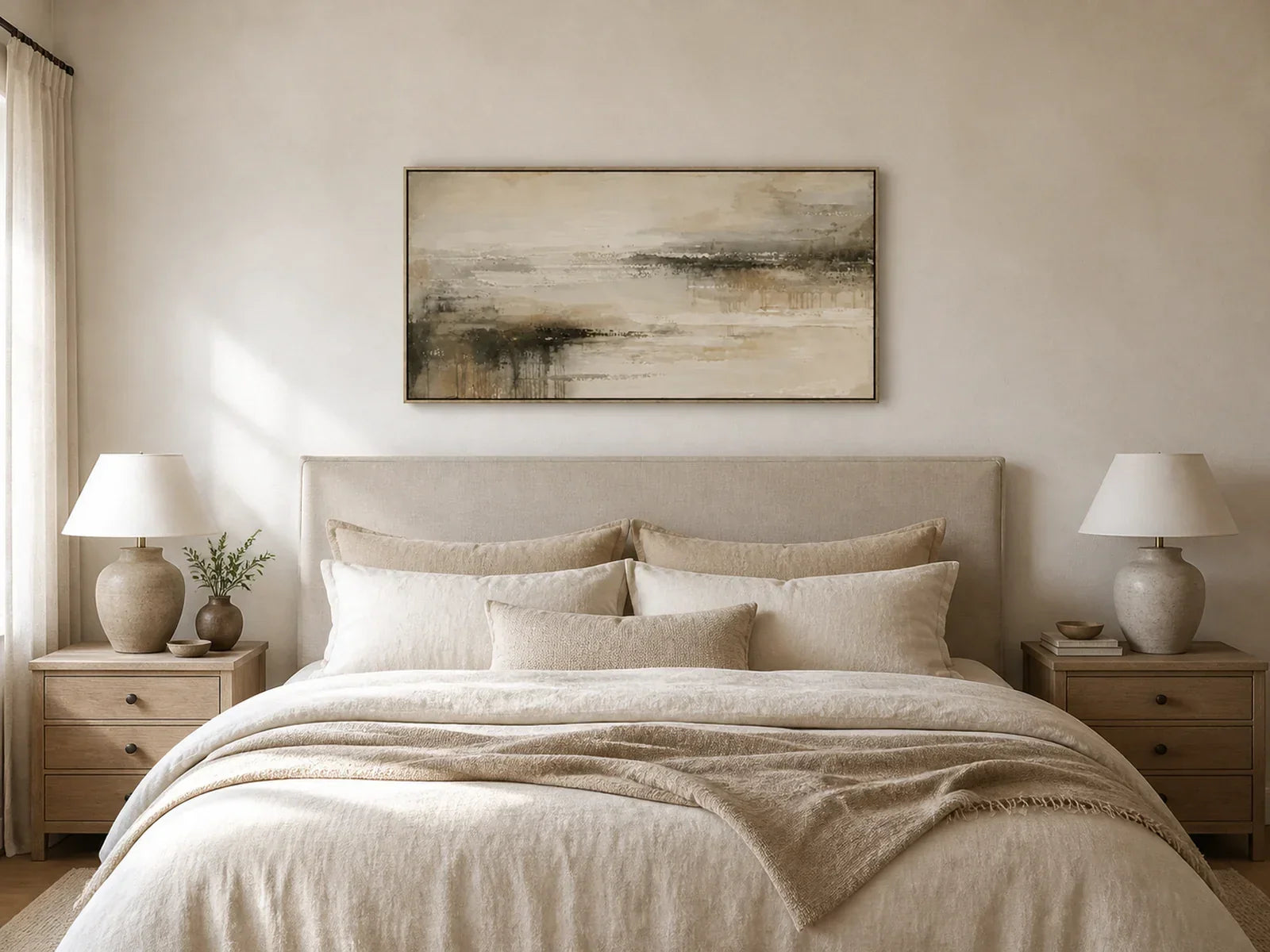 Misty Tidelands hand-painted wall art above a king bed in a neutral American bedroom.