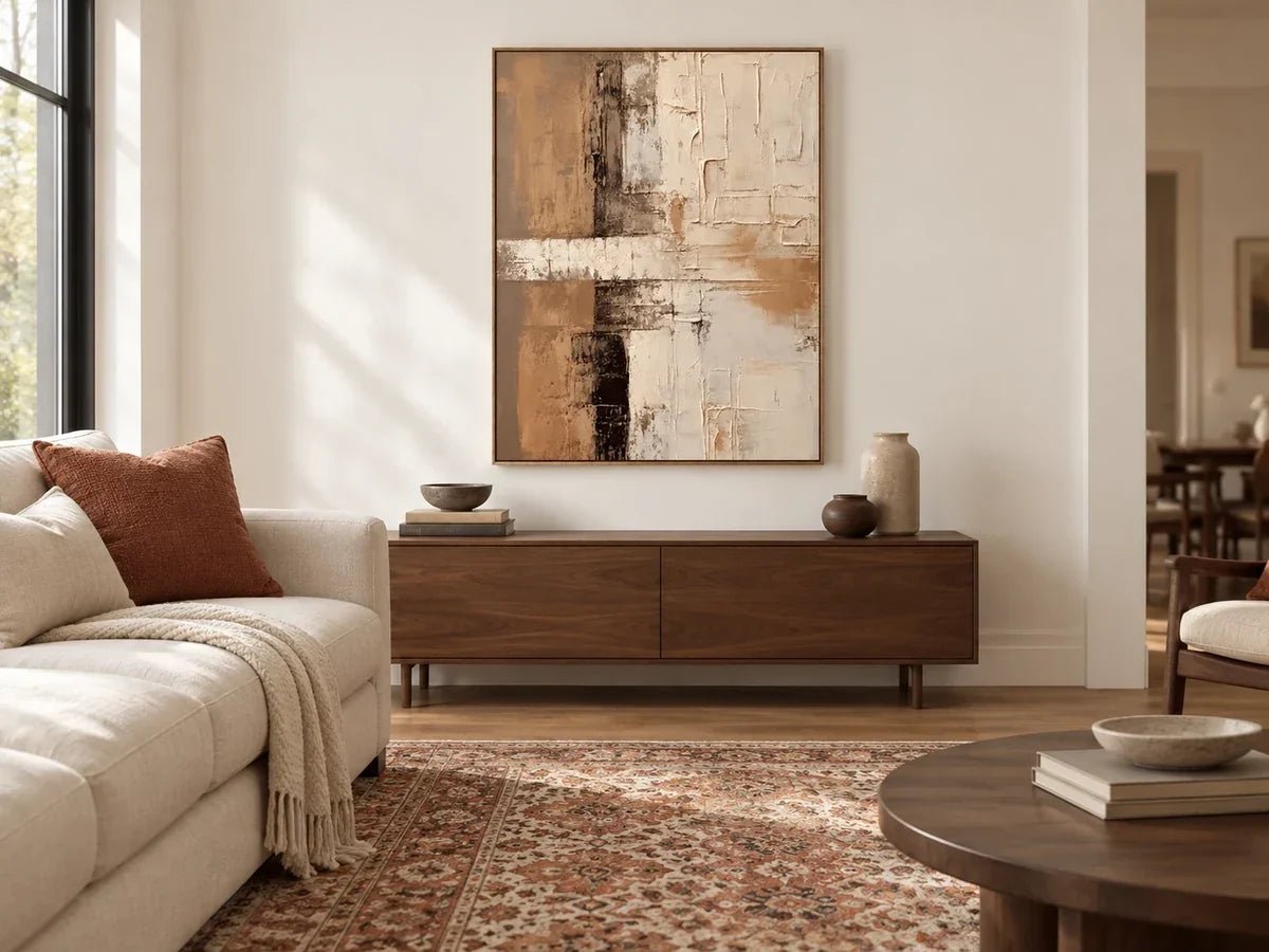 Cream and brown textured abstract with a muted patterned rug