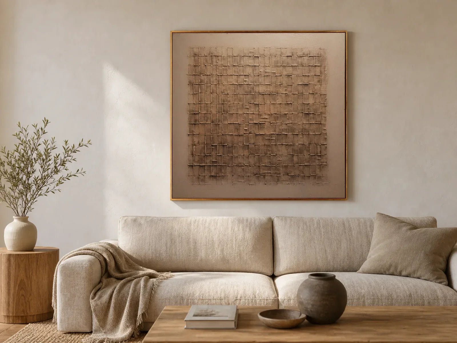 Square beige and bronze Wabi-Sabi relief painting above an oatmeal sofa in a sunlit living room.