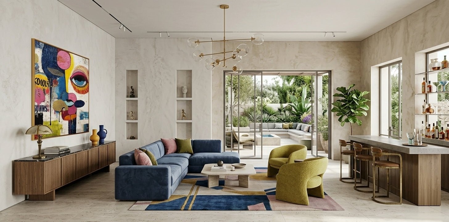 Contemporary living room featuring a grand multi-color abstract statement painting as a central focal point above the fireplace.