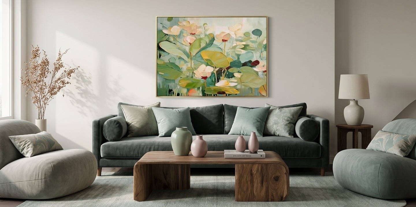 Modern soft-minimalism floral art, hand-painted with sculptural impasto details - 2026 trend.